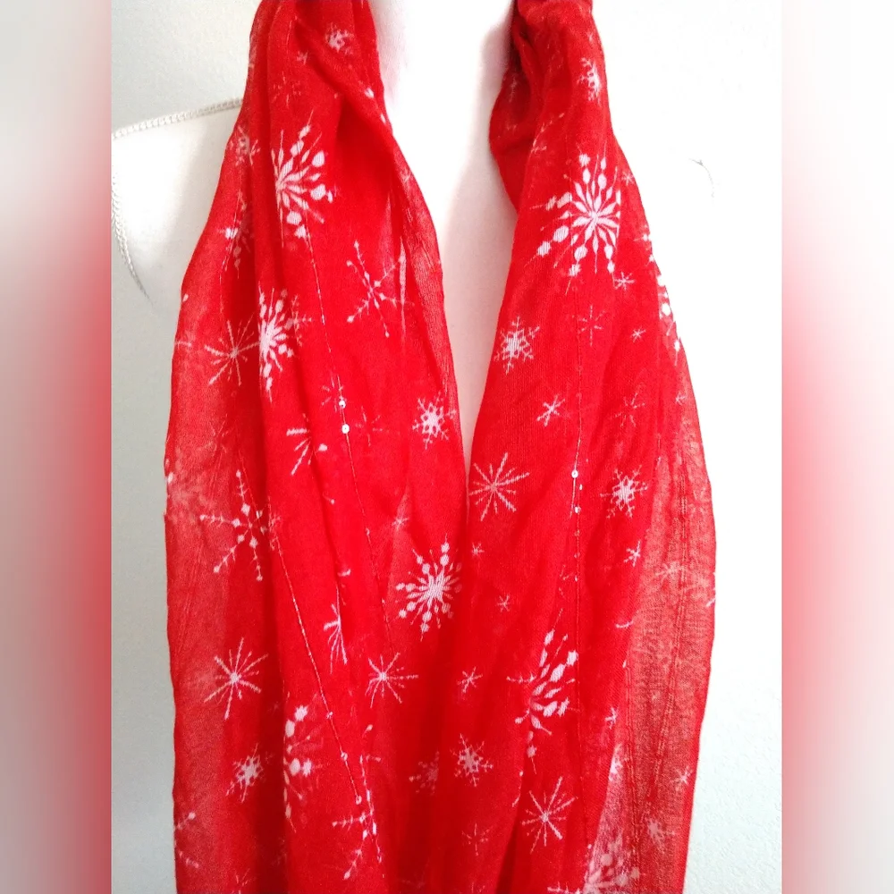 Red White Snowflake Infinity Fashion Scarf with Shimmer